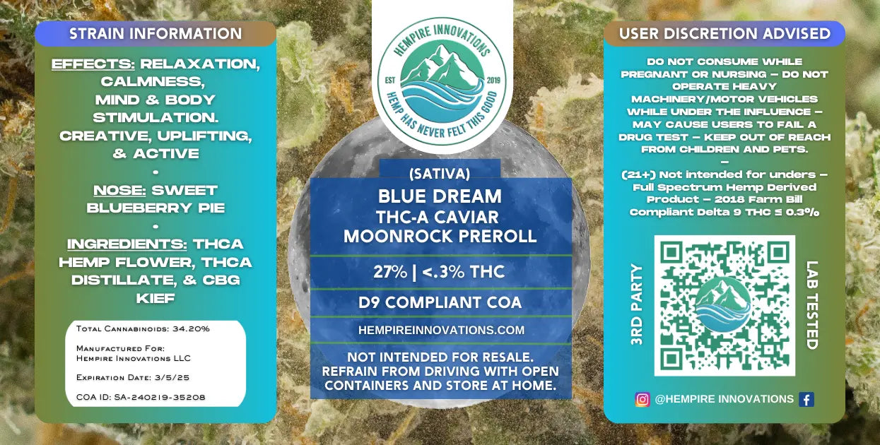 Blue Dream THCa Caviar Moonrock Preroll Label