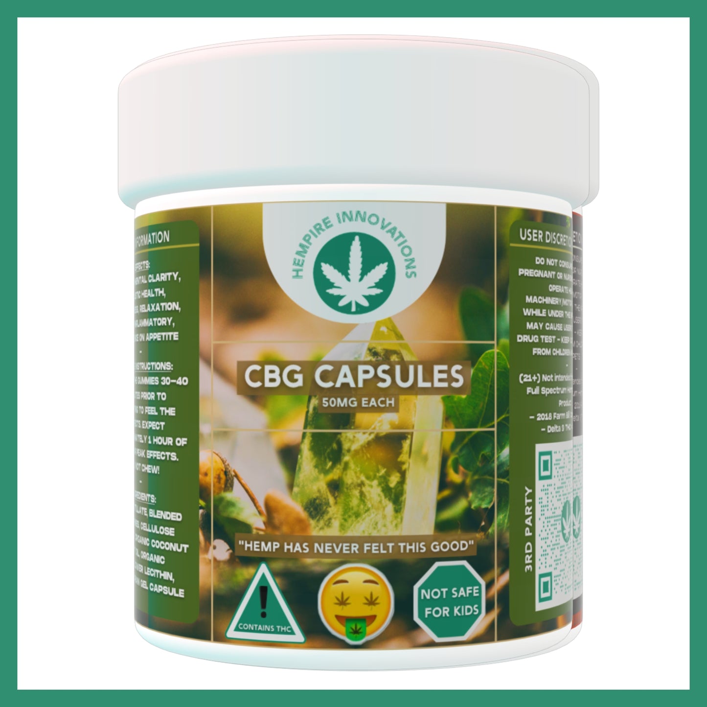 Close-up of our vegetarian-friendly 50mg CBG capsules.