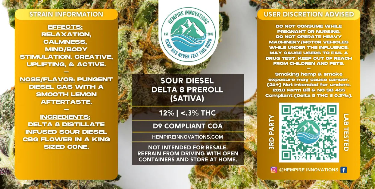 Sour Diesel Delta 8 THC Preroll Label | Wilmington, NC