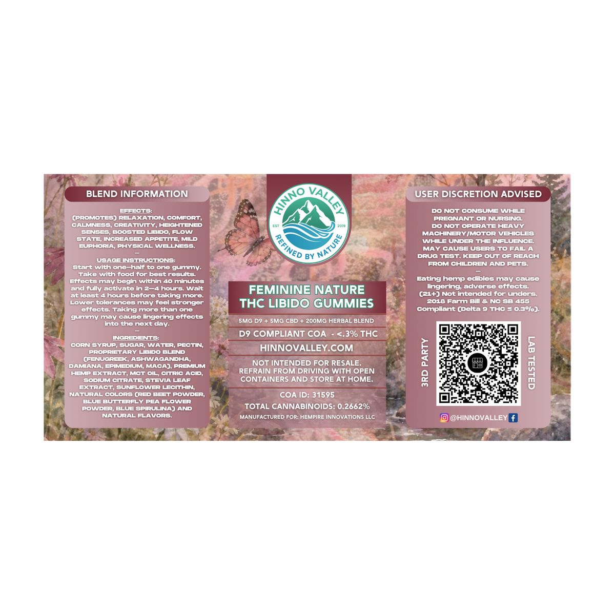 Feminine Nature THC Libido Gummies label: 5mg D9 + 5mg CBD + 200mg herbal blend, Hinno Valley