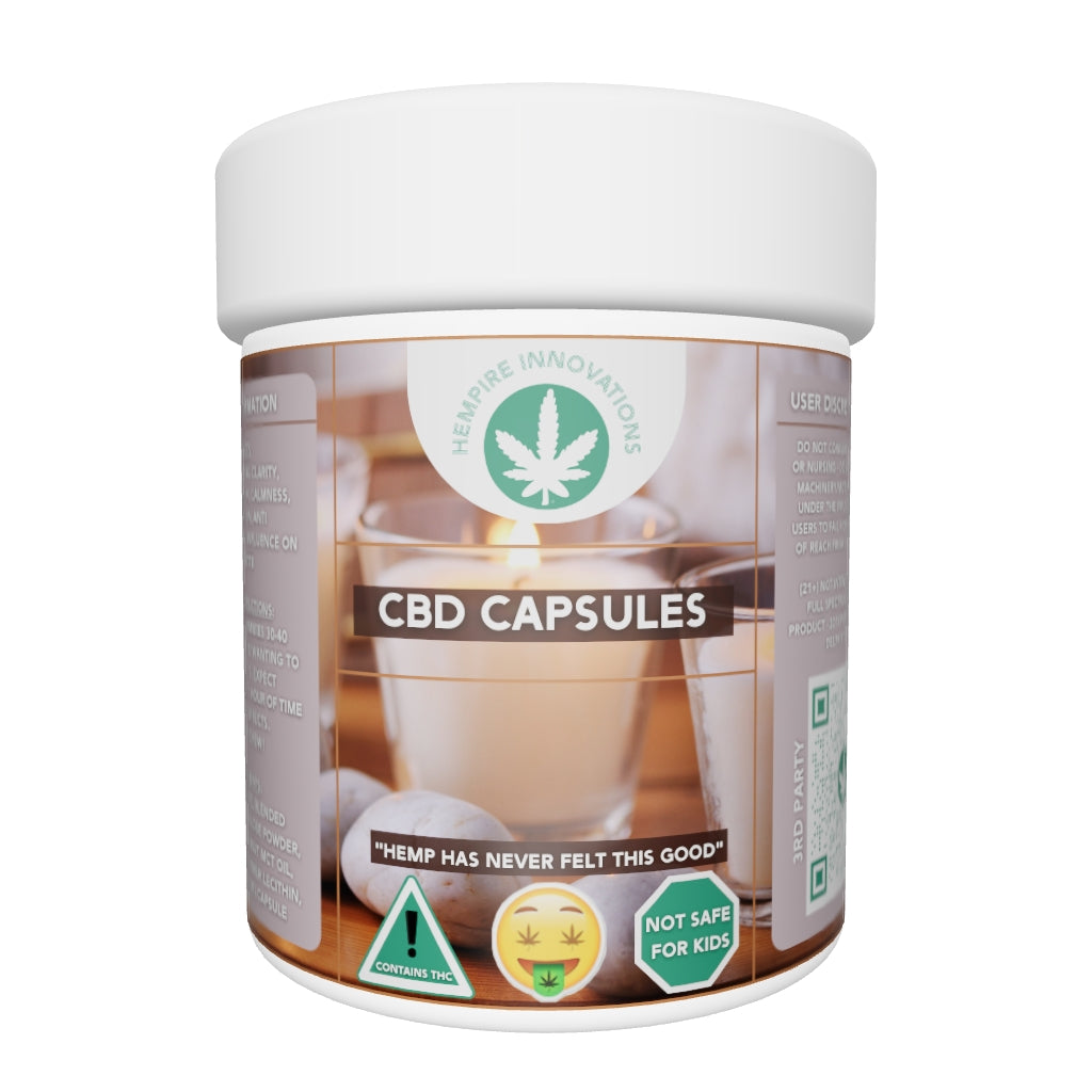 Bottle of Full Spectrum CBD Capsules with label detailing 50mg CBD per vegetarian capsule